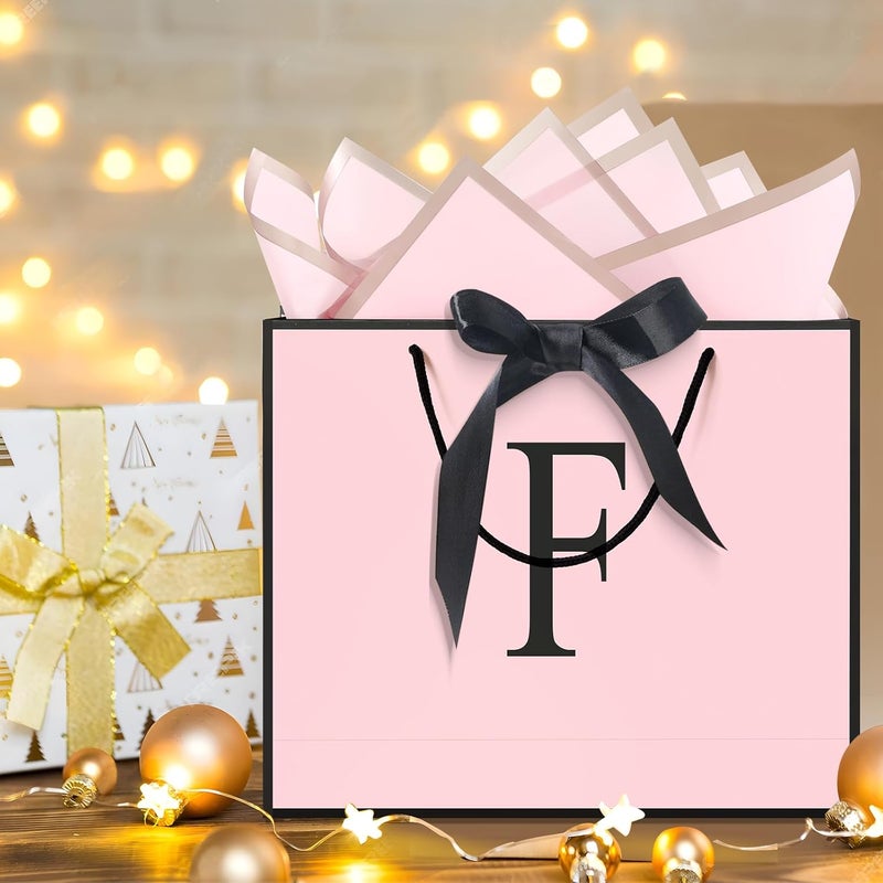 QLSKO Personalized Initial Paper Bag for Women Grils,Monogrammed Gift Bag with Bow Ribbon,Wrapping Tissue and Card Matching Envelope Sticker (Pink, F-Medium) - Image 4